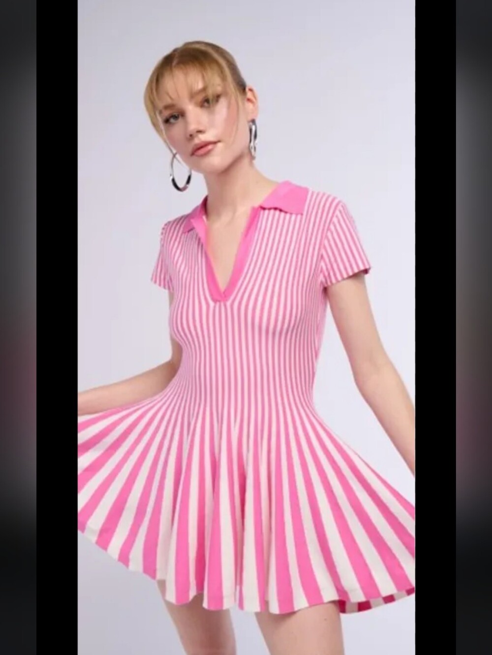 ALINA PLEATED KNIT FIT AND FLARE MINI DRESS IN PINK MULTI Size Large
